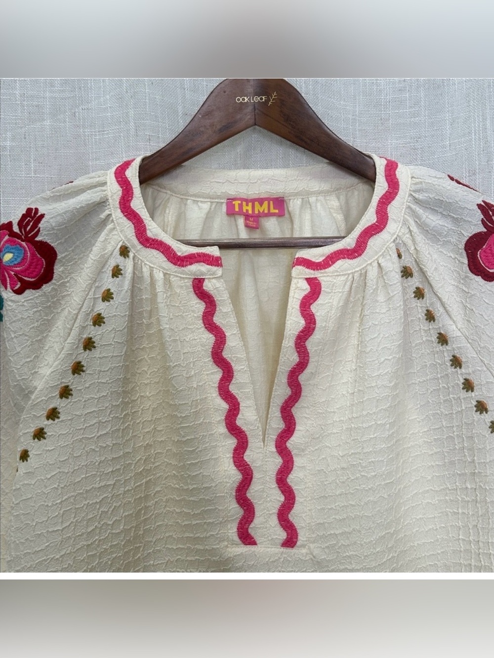 THML Cream Peasant Blouse with Pink & Multicolor Floral Embroidery Size Medium - Picture 4 of 8